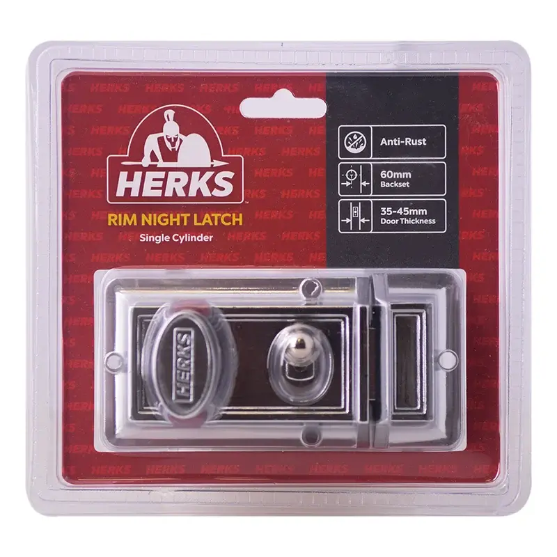 Herks Rim Night Latch Single Cylinder Chrome Plated