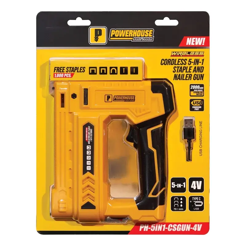 Powerhouse Cordless 5-in-1 Staple and Nailer Gun 4V USB Type-C w/ 1000pcs Nails & Staples