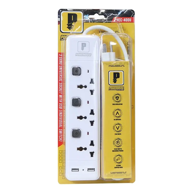 Powerhouse Extension Cord w/ Individual Switch, USB & Overload Protection 3 Gang 2 USB 2m 10A 250V 2,500W
