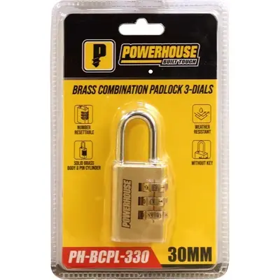 Powerhouse Brass Combination Padlock 3-Dials 30mm