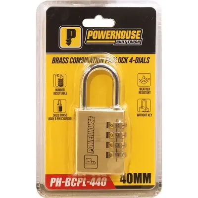 Powerhouse Brass Combination Padlock 4-Dials 40mm