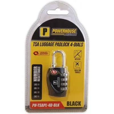 Powerhouse TSA Luggage Padlock 4-Dials Black