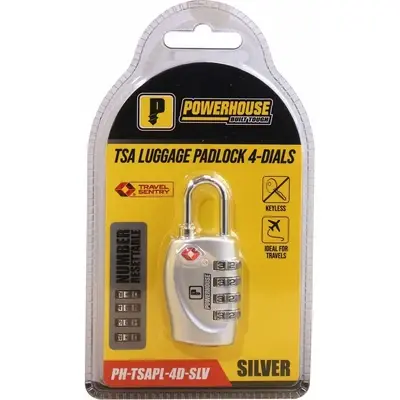 Powerhouse TSA Luggage Padlock 4-Dials Silver