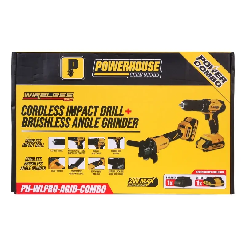 Powerhouse Power Combo Cordless Brushless Angle Grinder 20V and Cordless Impact Drill 20V Set