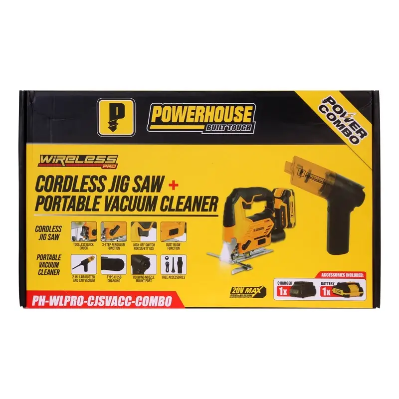 Powerhouse Power Combo Cordless Jigsaw 20V and Portable Vacuum Cleaner 55W Set