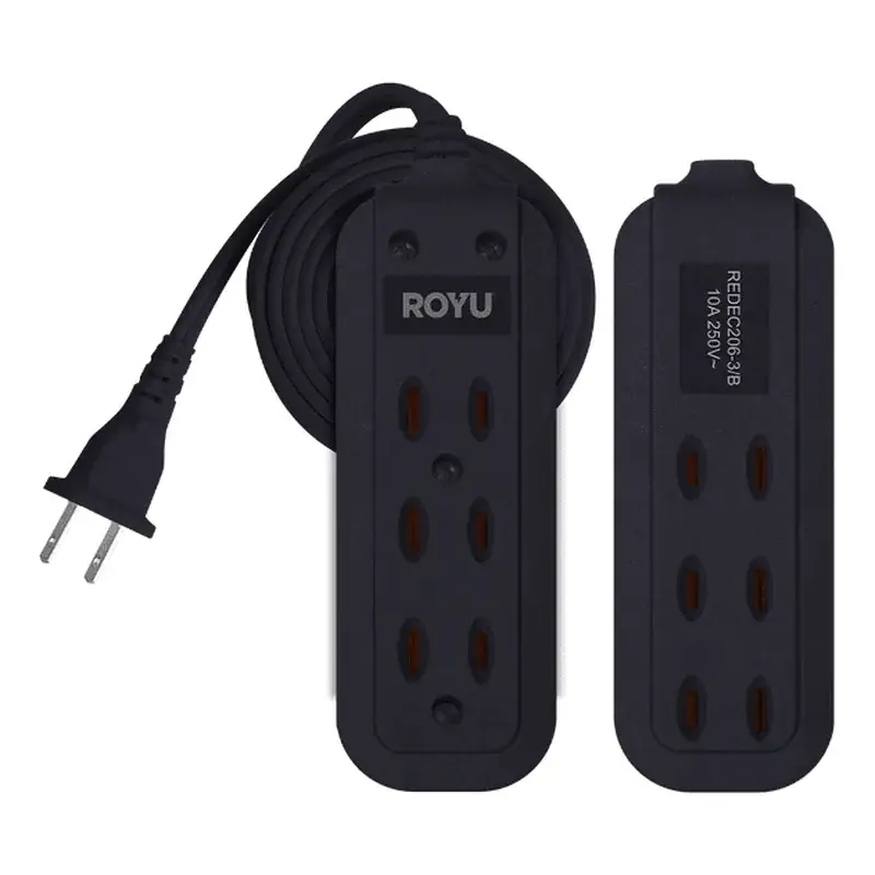 Royu Extension Cord Flat Pin Outlet with 3 Extra Outlets at Back 3+3 Gang 4m White Blister Pack