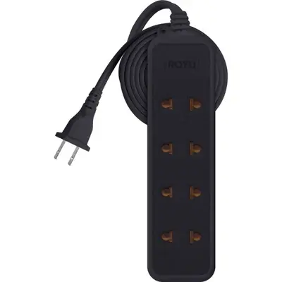 Royu Extension Cord Universal + Flat Pin Outlet 4+1 Gang 9m Black Polybag