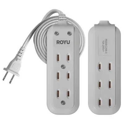 Royu Extension Cord Flat Pin Outlet with 3 Extra Outlets at Back 3+3 Gang 3m White Polybag