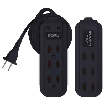 Royu Extension Cord Flat Pin Outlet with 3 Extra Outlets at Back 3+3 Gang 3m Black Polybag