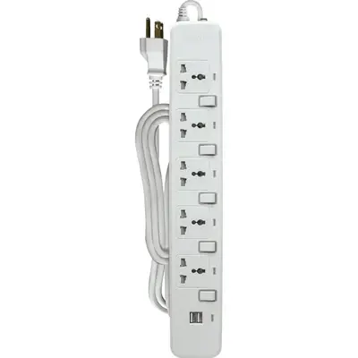 Royu Power Strip 5 Gang Individual Switches & 2 USB Ports 10A 2m White