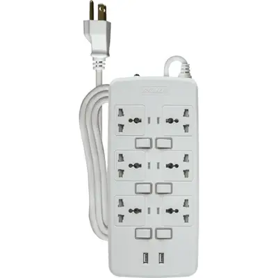 Royu Power Strip 6 Gang Individual Switches & 2 USB Ports 10A 2m White